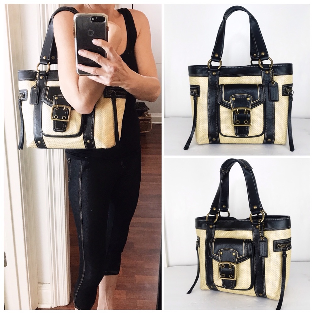 Coach Legacy Natural Straw & Black Leather Tote